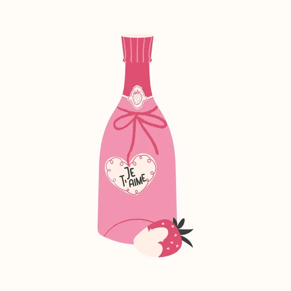 Бутылка Розового Шампанского Сердцем Клубничным Таймэ Текстом Симпатичная Открытка Дню — стоковый вектор