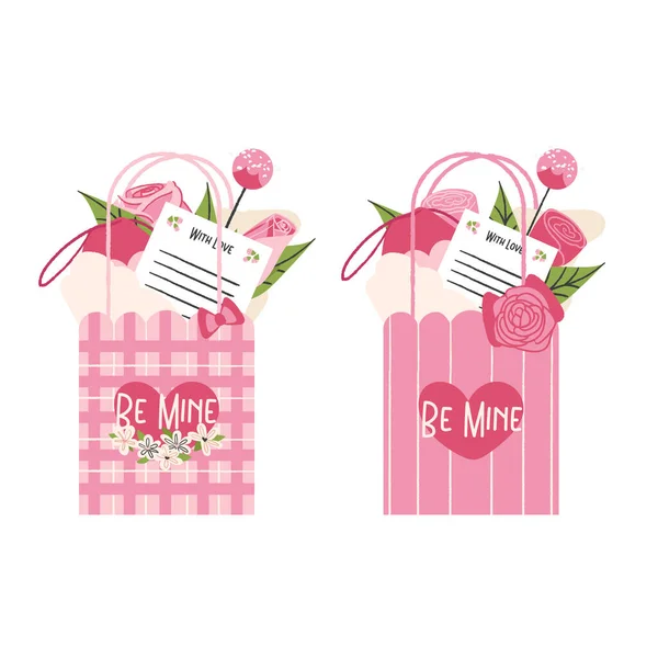 Розовый Бумажный Пакет Цветами Любовным Письмом Подарком Свежестью Векторная Милая — стоковый вектор