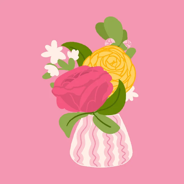 Bouquets Rose Rosa Gialle Grazioso Piccolo Vaso Biglietto Auguri San — Vettoriale Stock