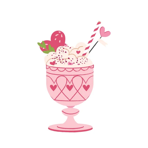 Pink Cup Van Latte Koffie Met Slagroom Kleine Harten Decoratie — Stockvector