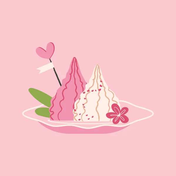 Heerlijke Zoetigheden Dessert Met Bloem Hart Hagelslag Valentijnskaart Roze Meringue — Stockvector