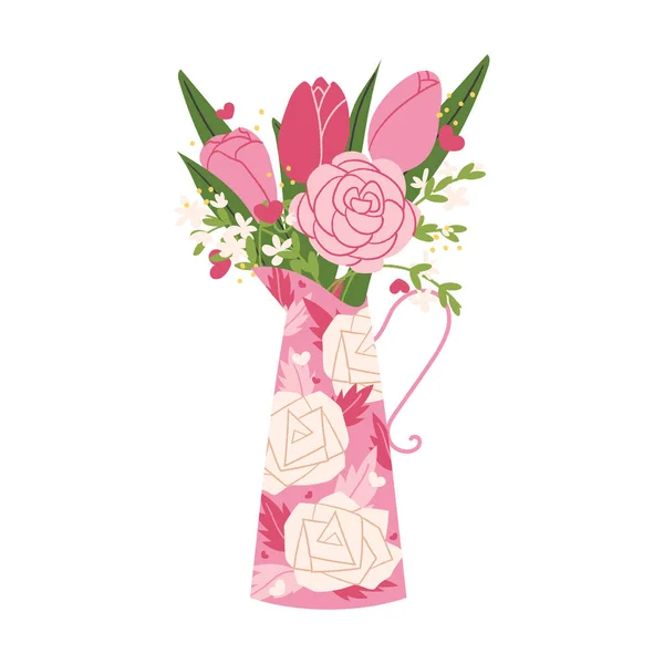 白い背景にピンクのジャグポットに花と葉の春の花束 ローズとチューリップの組成 バレンタインデー ロマンチックなイラスト — ストックベクタ