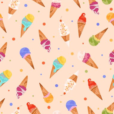 Tatlı dondurma külahı vektör dikişsiz desen. Yaz donmuş tatlı düz illüstrasyon veya web sitesi, reklam, afiş, poster, pano ve baskı