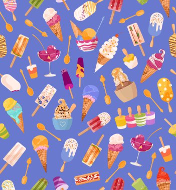 Şirin dondurmalar mavi arka planda renksiz desenler. Web, site, reklam, afiş, poster, pano ve baskı için vektör tatlı düz illüstrasyonu