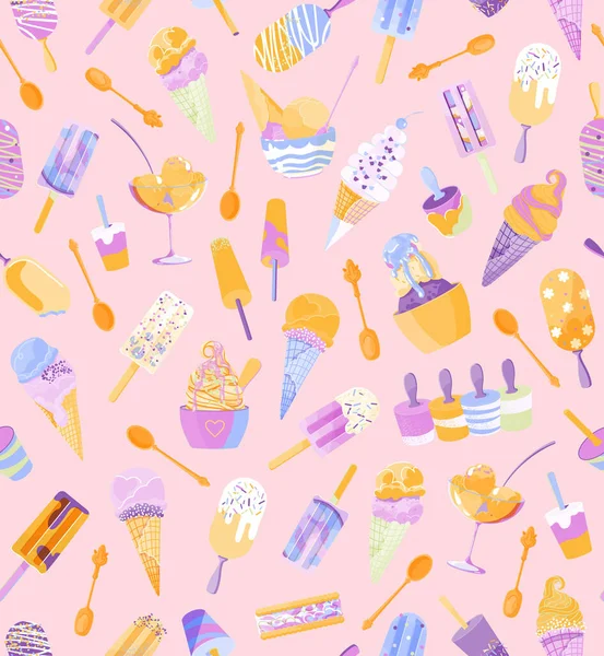 Leuke Ijs Crèmes Kleurrijke Naadloze Patroon Roze Achtergrond Vector Dessert — Stockvector