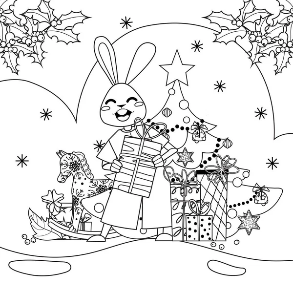 かわいいクリスマスウサギのアウトライン ギフト用の箱 火の木およびホリーの枝とベクトル バニーキャラクターブラックラインアートイラスト ウサギの年 2023年のシンボル — ストックベクタ