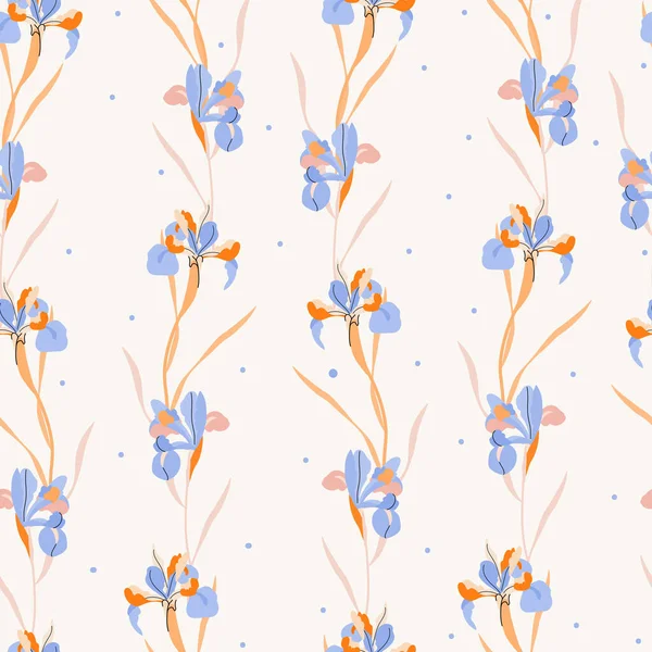 Niebieska Iris Kwiaty Wektor Bezszwowy Wzór Beżowym Tle Kwiaty Płaska — Wektor stockowy