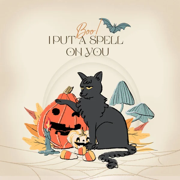 Halloween Kártya Aranyos Fekete Macska Tök Gomba Cukorka Őszi Levelek — Stock Fotó