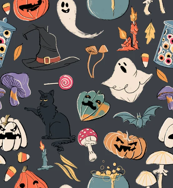 Patrón Halloween Sin Costuras Con Objeto Navideño Relacionado Sobre Fondo — Foto de Stock