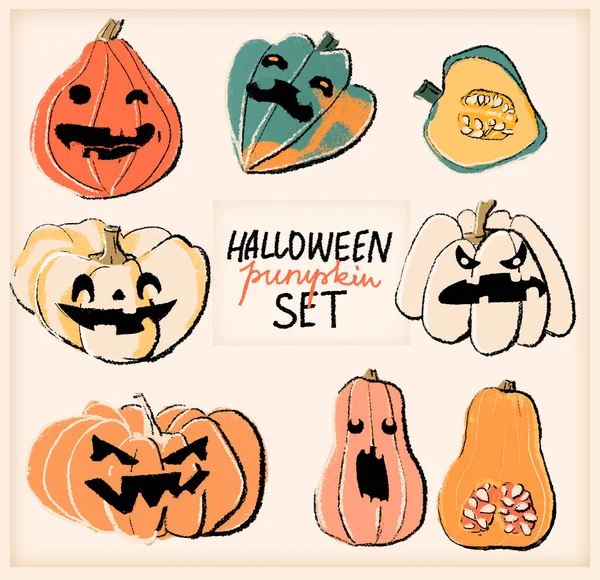 Halloween Retro Set Αστεία Πορτοκαλί Πράσινη Και Λευκή Κολοκύθα Τρομακτικό — Φωτογραφία Αρχείου