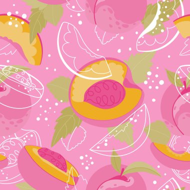 Şeftali pürüzsüz vektör deseni, tam ve yarım meyve ve pembe arka planda yapraklar. Beyaz taslak karalama, tekstil için düz çizim, moda, ambalaj kağıdı, duvar kağıdı
