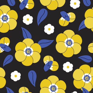 Primula çiçeği vektörü kusursuz desen. Siyah arka planda yaz mevsimi sarı çiçeği. Markalaşma, paket, kumaş ve tekstil için çiçek çizimi, ambalaj kağıdı