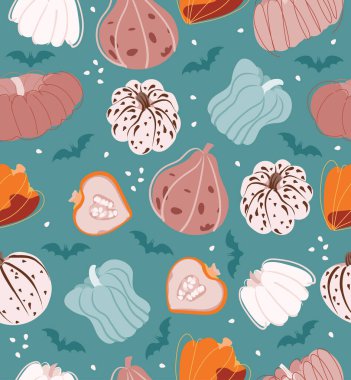 Yeşil, beyaz ve turuncu balkabaklarıyla yeşil arka planda kusursuz pastel desenler. Cadılar Bayramı için güzel bir arkaplan.