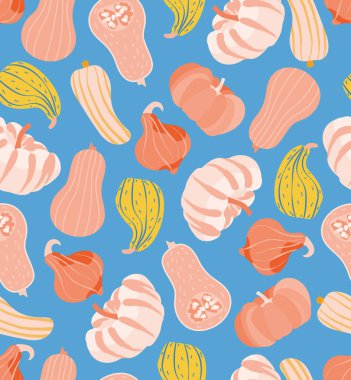 Mutlu Cadılar Bayramı. Mavi arka planda parlak renkli balkabaklarıyla sonbahar pürüzsüz deseni. Vektör el çizimi çizimi.