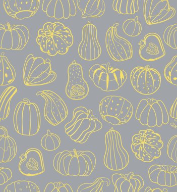 Gri arka planda farklı türde balkabakları olan vektör pürüzsüz desen. 2021 Yılı Rengi