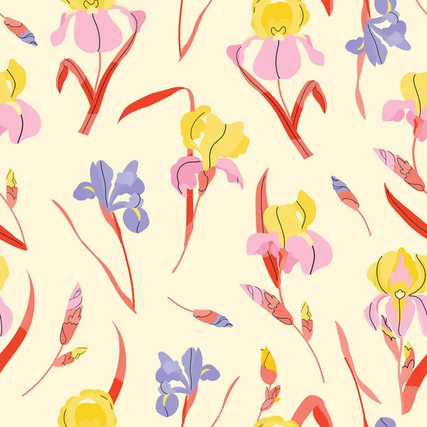 Iris Kwiaty Bezszwowy Wzór Żółtym Tle Wektor Kwiatowy Lato Nowoczesne — Wektor stockowy