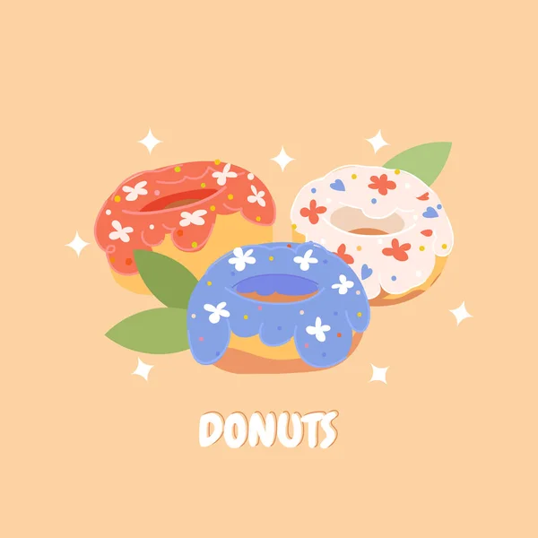 Geglazuurde Donuts Vector Geïsoleerd Beige Achtergrond Schattige Kleurrijke Glanzende Donuts — Stockvector