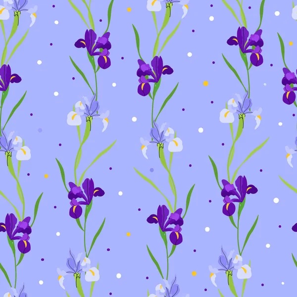 Purple Blooming Iris Flowers Vector Seamless Pattern Auf Blauem Hintergrund — Stockvektor