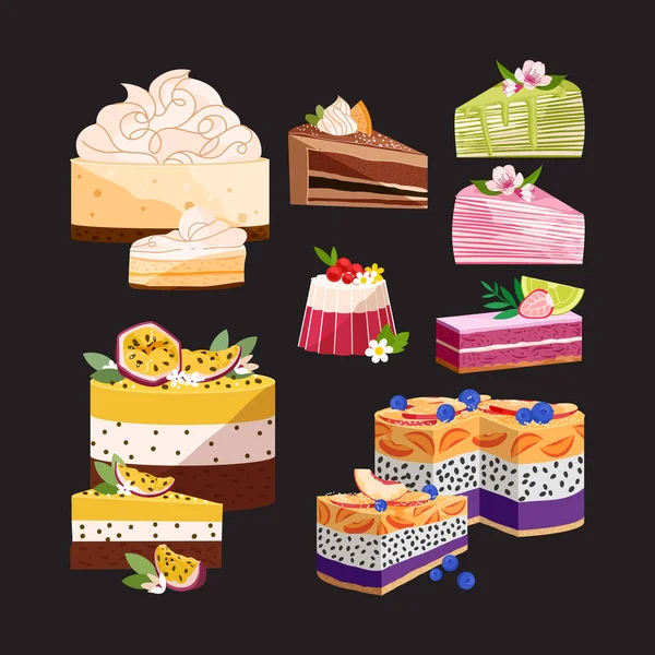 Kleurrijke Stukjes Mousse Crêpe Cake Cheesecake Vector Set Schattig Fruitgebak — Stockvector
