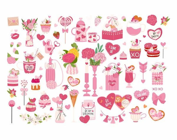 День Святого Валентина Большие Наклейки Векторные Иллюстрации Свечи Сладости Цветы — стоковый вектор