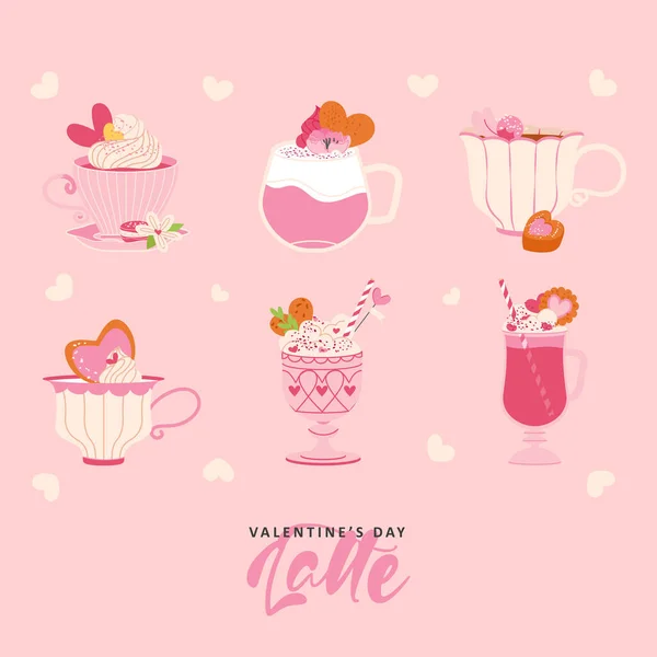 Горячие Напитки Цветами Сладостями Розовом Фоне Честь Дня Святого Валентина — стоковый вектор