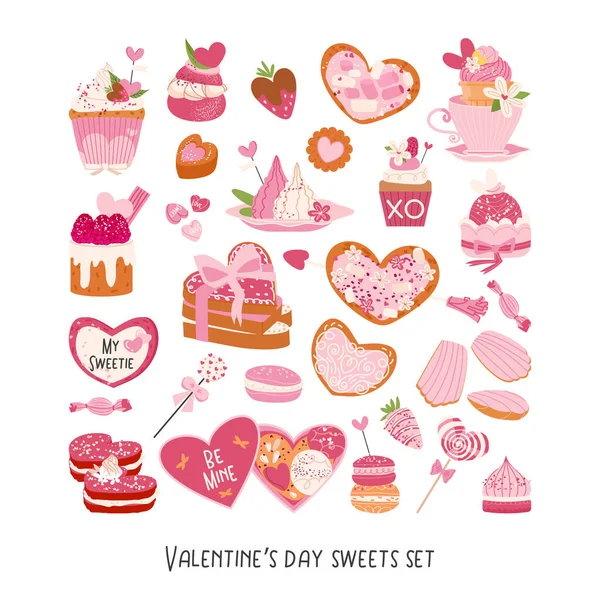 День Святого Валентина Конфеты Элементы Комплекта Разные Десертные Печенья Конфеты — стоковый вектор