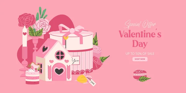 День Святого Валентина Продается Плакат Баннер Свечами Сладости День Святого — стоковый вектор