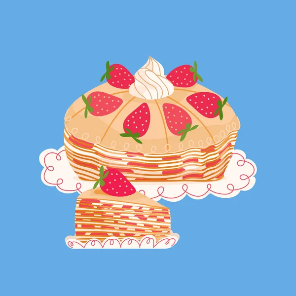 Aardbeien Crepe Cake Vector Geïsoleerd Blauwe Achtergrond Snoep Dessert Illustratie — Stockvector