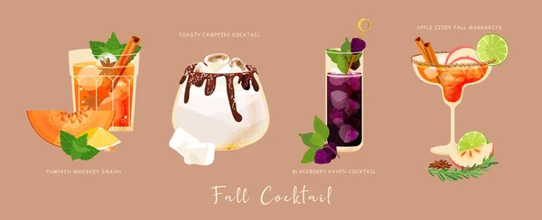 Fall Alcohol Cocktails Vector Set Autumn Four Drink Beverage Glass — Stock Vector