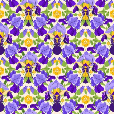 Bej arkaplanda pürüzsüz bir desen var. Yaz vektörü çiçek izi, mor çiçekli taze botanik arka plan, açık renk tarlasında yapraklar. Düz biçim illüstrasyonu.