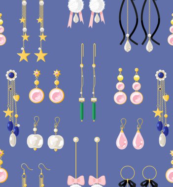 Altın mücevher pürüzsüz desen. Mücevher aksesuarları, inci, elmas, safir değerli küpeler. Moda tekrarlanan arkaplan