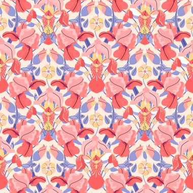 Bej arka planda kırmızı iris deseni var. Damgalama, paket, kumaş ve tekstil için vektör yaz vintage düz illüstrasyon, ambalaj kağıdı