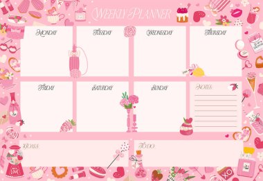 Kalpli haftalık planlamacı, hediye kutusu, gül çiçeği, şekerler, mum ve içecekler. Pembe arka planda Sevgililer Günü Şablonu sayfası. Tatil, düğün, doğum günü için şirin düz vektör illüstrasyonu