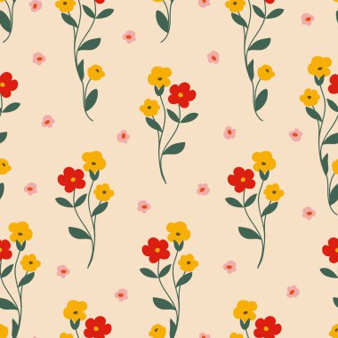 Çiçeksiz desen vektörü. Bej üzerine zarif, sade bir el çizimi çiçekler moda baskılar, kumaş, ambalaj kağıdı, duvar kağıdı, masa örtüsü, tekstil, giysi, örtü için.