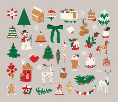 Büyük Noel sembolleri ve tasarım öğeleri seti. Gri arkaplanda izole edilmiş düz biçimdeki şirin düz resimleme