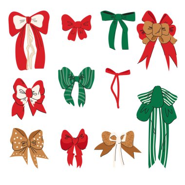 Noel 'in renkli hediyelerinden oluşan bayram seti kurdeleli. Kış Vektörü illüstrasyonu beyaz arkaplanda izole edildi