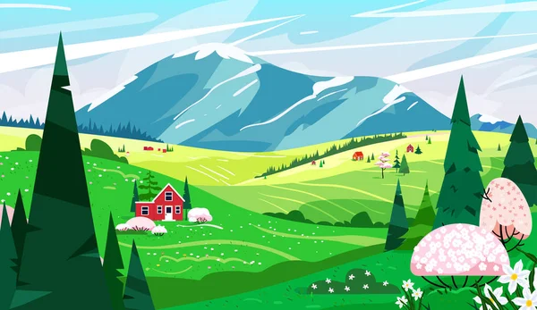 Spring landscape valley with red houses, mountains, blooming green hill, forest tree. Nature scenic summer vector background