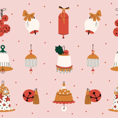 Altın kızak çanları, kurdele ve yaylı harika bir Noel deseni. Kartpostal, baskı, kumaş, ambalaj kağıdı, duvar kağıdı, tekstil, kapak için şirin kış tatili arkaplanı