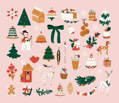 Büyük Noel sembolleri ve tasarım öğeleri seti. Pembe arka planda izole edilmiş düz stil şirin çizimler