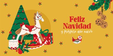 Mutlu İspanyol Noel bayramı pankartı için Feliz Navidad vektörü. At oyuncağı ve köknar ağacı, çan, mum ve sarı arka planda hediye kutusu. Kart, başlıklar, web sitesi, poster, davetiye için düz biçim illüstrasyonu