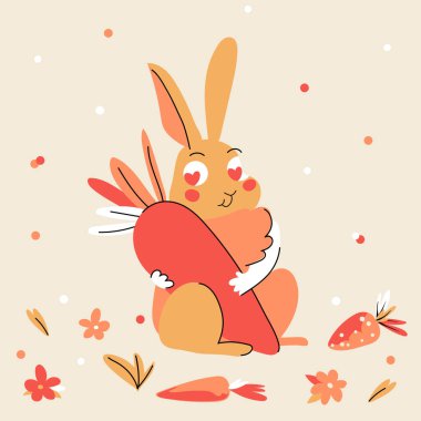 Sevimli tavşan tutuşu havucu bej arka planda izole edilmiş. Tebrik kartı. Hayvani sevimli çizgi film karakteri vektör düz illüstrasyon