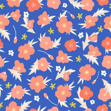 Şirin düğün çiçekleri mavi arka planda dikişsiz desen. Moda baskıları, tebrik kartı, kumaş, tekstil, duvar kağıdı veya ambalaj kağıdı için Ditsy Spring Çiçeği arka planı