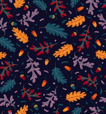 Sonbahar, turuncu ve pürüzsüz desen. Kırmızı, mor meşe yaprakları ve koyu arkaplanda meşe palamudu. Vektör sonbahar arkaplanı.