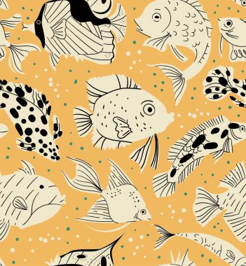 Sarı arka planda, okyanus resifi balığı kusursuz vektör deseni. Tropikal deniz yaşamı çizimi. Duvar kağıdı, kumaş, doku, tekstil, ambalaj kağıdı için kumaş tasarımı