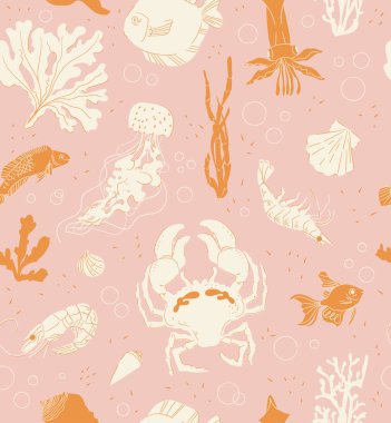 Deniz hayvanları, karidesler, mürekkep balıkları, yengeçler, dikişsiz deniz yosunu ve pembe arka planda deniz kabukları. Kapak, duvar kağıdı, kumaş, tekstil, ambalaj kağıdı için el çizimi tropikal okyanus yaratığı çizimi