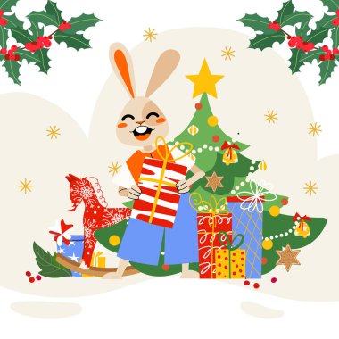 Hediye kutusu, köknar ağacı ve kutsal dalı olan şirin bir Noel tavşanı. Tavşan karakteri düz çizim. Tavşan yılı, sembol. 