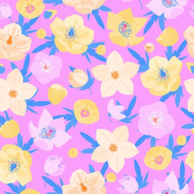 Hellebores çiçeksiz desenli taşıyıcı. Renkli kış çiçekleri tebrik kartı, kumaş, duvar kağıdı veya ambalaj kağıdı için pembe arka planda mavi yapraklar. Botanik vektör illüstrasyonu