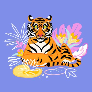 Mor arka planda yapraklar ve çiçekler olan vektör kaplan. Düz tasarım çizimi. Komik çizgi film karakteri. Çince 2022 yıl işareti.