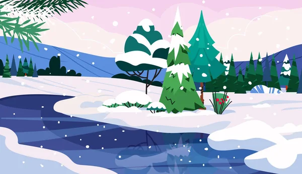 Winter landscape with lake, fir tree and mountains. Snowy nature background with blue sky and white cloud vector illustration. Winter time concept illustration