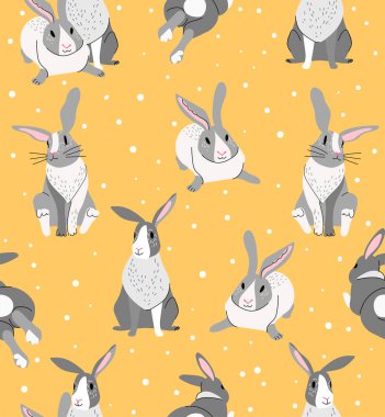 Sarı arka planda sevimli, gri, pürüzsüz tavşan deseni. Tavşan hayvan karakteri. Paket, kumaş ve tekstil için vektör illüstrasyonu, paket kağıdı